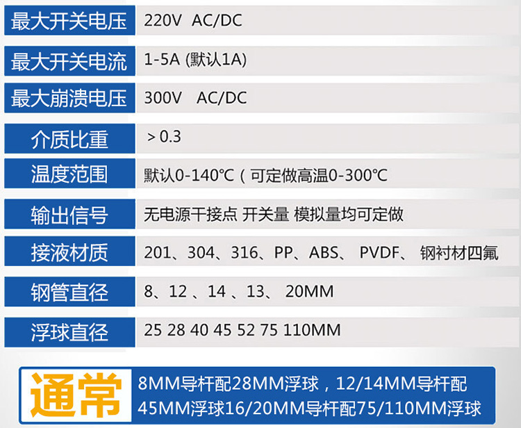 消防池用浮球液位計(jì)技術(shù)參數(shù)對照表